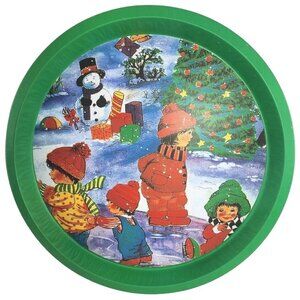 Vintage Christmas Tree Kids Snowman Round Tin Tray 12" Santa Cookie Platter